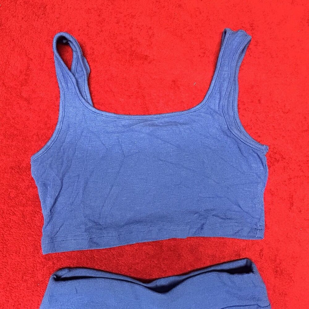 Blue Ribbed Lounge Set Crop Tank Shorts Co Ord XS - Picture 2 of 9